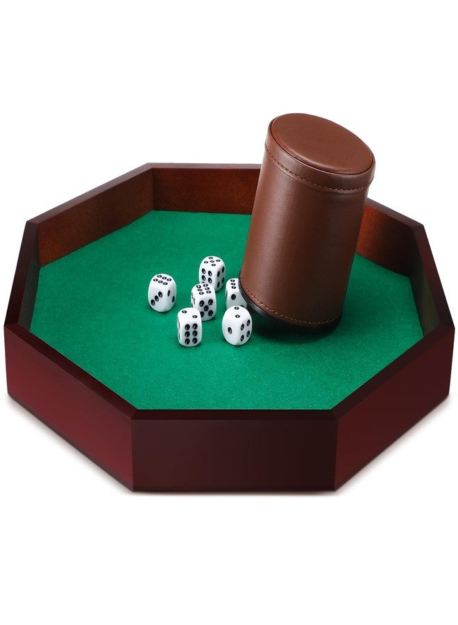 مجموعة أكواب النرد MiniInflat ثمانية الأضلاع تتضمن صينية نرد خشبية وكوب نرد مبطن باللباد مصنوع من جلد البولي يوريثان مع 6 قطع نرد منقطة لألعاب الطاولة (القهوة) - Image 1